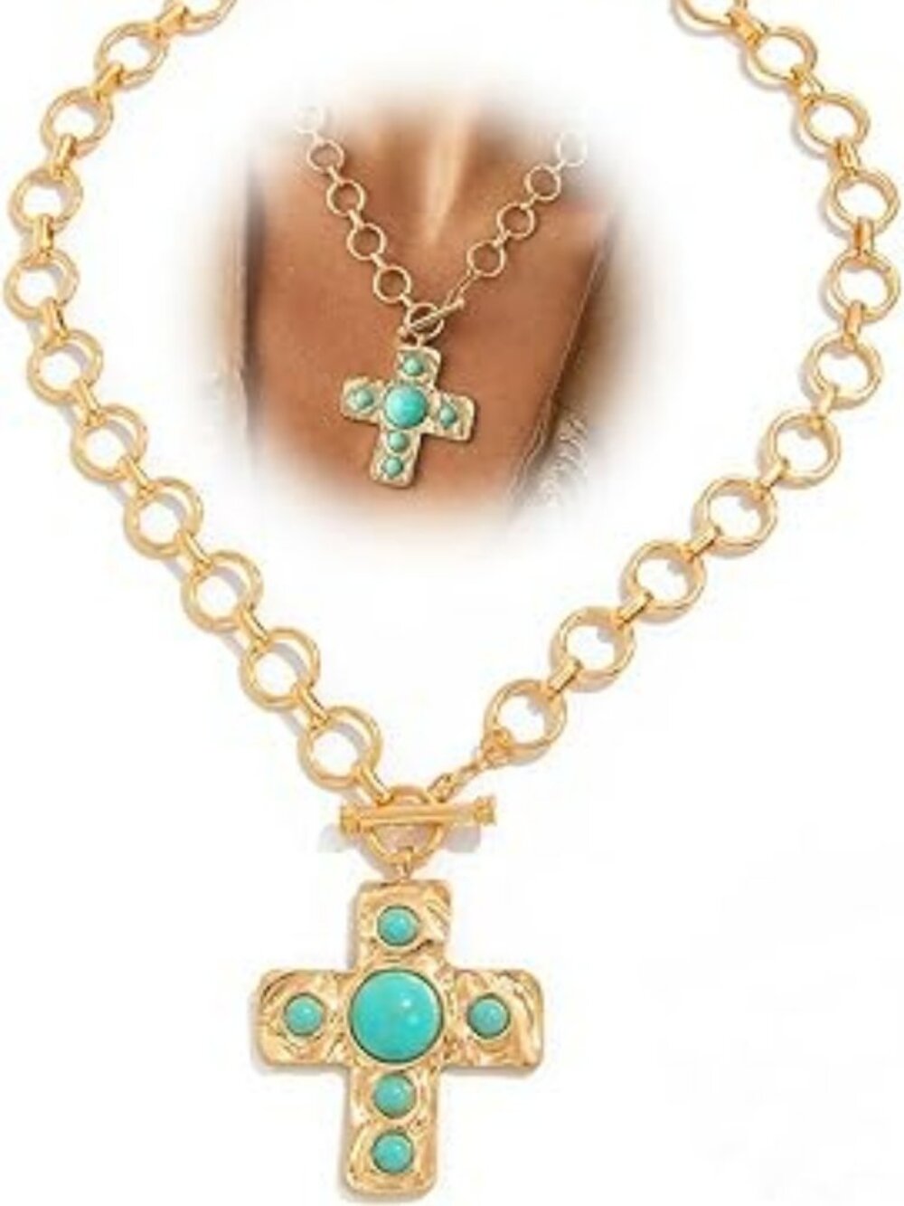 Chunky Western Turquoise Cross Necklace for Women Vintage Country Cowboy Cowgirl